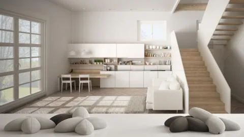White table, desk or shelf with five soft white pillows in the shape of stars Stock Illustration