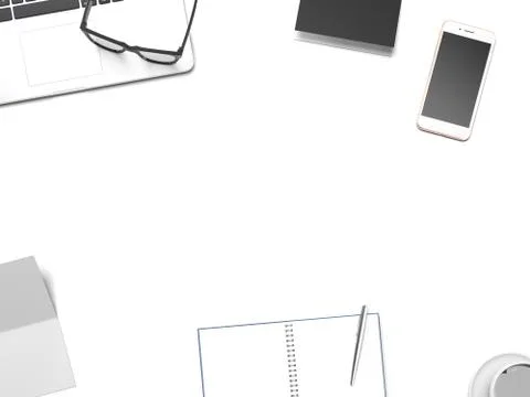 White table with different office accessories. 3d rendering Illustrazione stock