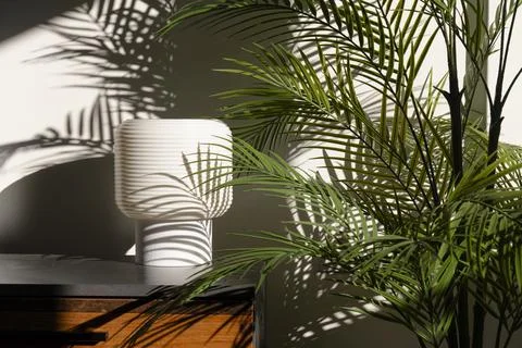White Table Lamp and Palm Plant in Sunlit Home Interior Foto stock