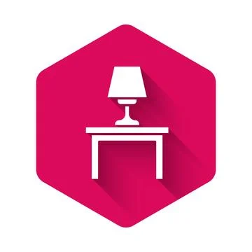 White Table lamp on table icon isolated with long shadow. Pink hexagon button Stock Illustration