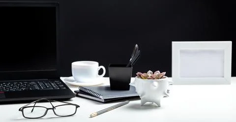 White table with laptop. Office homeworkspace for work or study in Office Stock Illustration