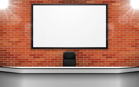 White table with lcd on the brick wall in the news studio room Stock Illustration
