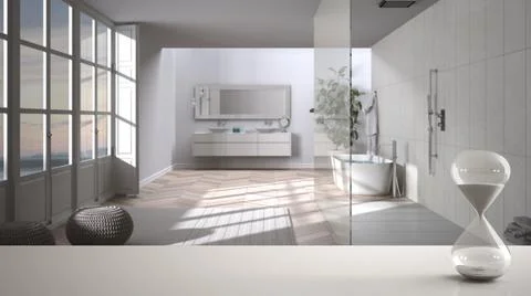 White table or shelf with crystal hourglass measuring the passing time over m Stock Illustration