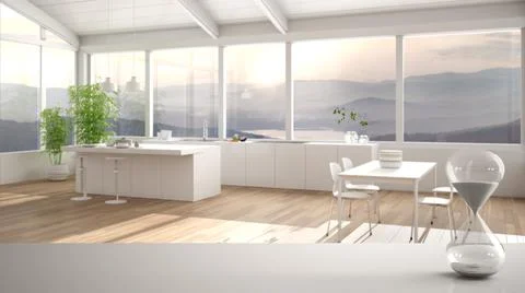 White table or shelf with crystal hourglass measuring the passing time over m Stock Illustration