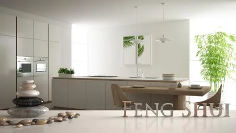 White table or shelf with pebble balance and 3d letters making the word feng  Stock Illustration
