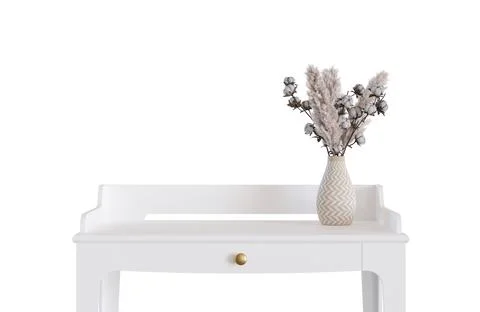 White table with pampas grass isolated on white background. Front view. Cut out Stock Illustration
