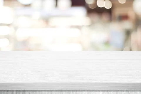 White table presentation, desk and blur background, Empty wood counter, shelf Stock Photos
