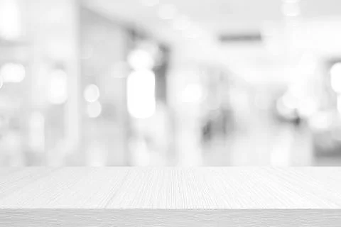 White table presentation, desk and blur background, Empty wood counter, shelf Foto stock