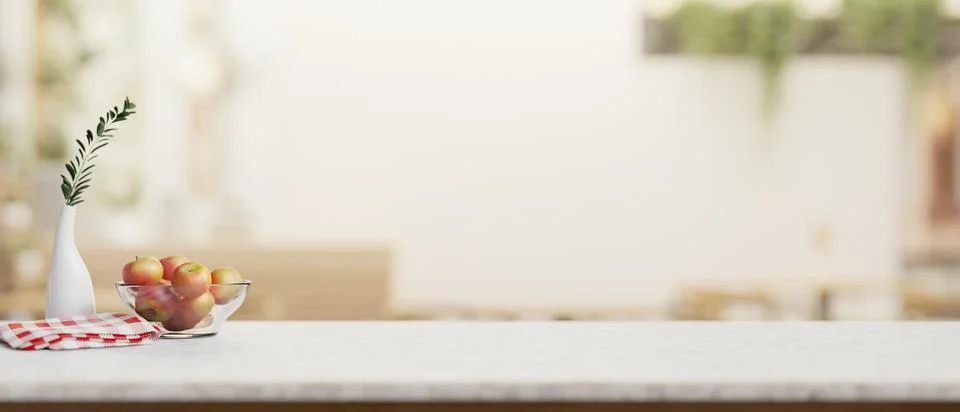 A white table with a presentation space over a blurred background of a cosy.. Stockillustratie