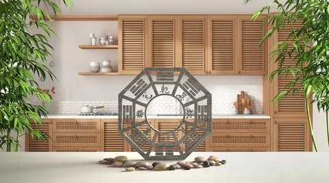 White table shelf with ba gua, pebble stone and bamboo plants, country white  Stock Illustration