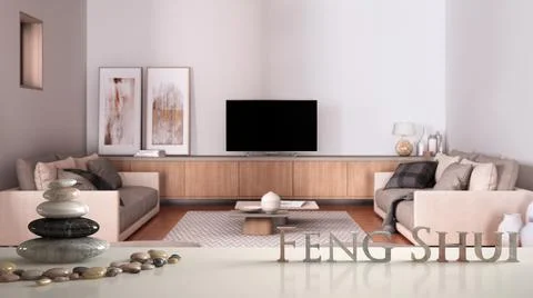 White table shelf with pebble balance over cosy dove gray and beige living ro Stock Illustration