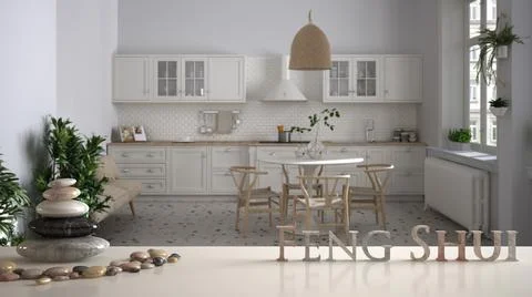 White table shelf with pebble balance over retro white kitchen and dining roo Stock Illustration