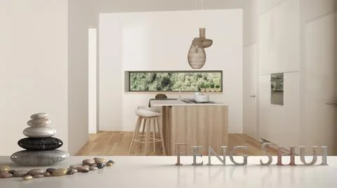 White table shelf with pebble balance and 3d letters making the word feng shu Illustrazione stock