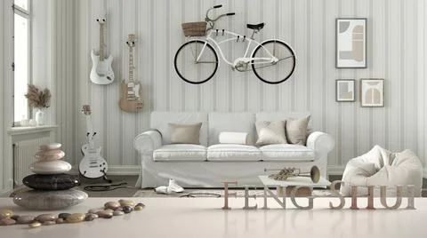 White table shelf with pebble balance and 3d letters making the word feng shu Stock Illustration