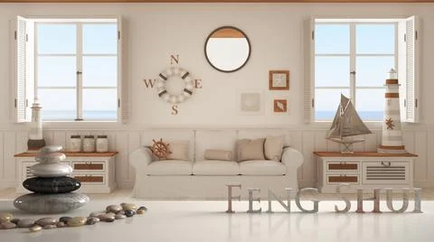 White table shelf with pebble balance and 3d letters making the word feng shu Stock Illustration