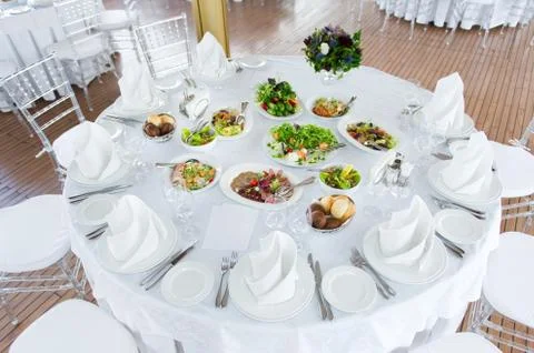 White table with snacks, top view Stock Photos