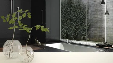 White table top or shelf with glass vase with hydroponic plant, ornament, roo Stock Illustration
