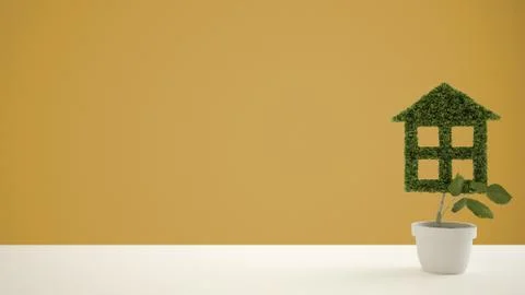 White table top or shelf with green plant in pot shaped like house, yellow ba Stock Illustration