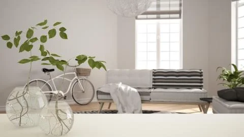 White table top or shelf with glass vase with hydroponic plant, ornament, roo Stock Illustration