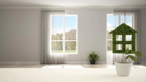 White table top or shelf with green plant in pot shaped like house, empty roo Stock Illustration