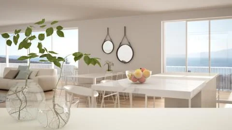 White table top or shelf with glass vase with hydroponic plant, ornament, roo Stock Illustration