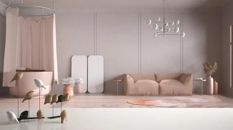 White table top or shelf with minimalistic bird ornament, birdie knick - knac Stock Illustration