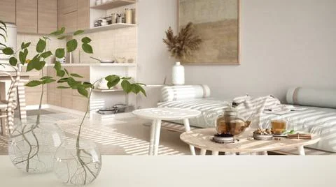 White table top or shelf with glass vase with hydroponic plant, ornament, roo Stock Illustration