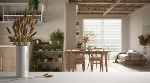 White table top or shelf with straws, dry plants, ornament, ears, sheaf, bran Illustrazione stock