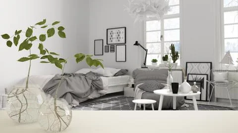 White table top or shelf with glass vase with hydroponic plant, ornament, roo Stock Illustration