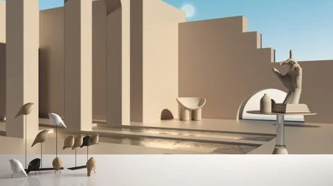 White table top or shelf with minimalistic bird ornament, birdie knick - knac Stock Illustration