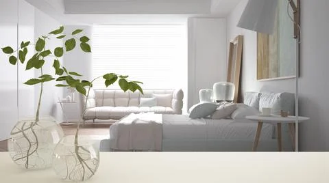 White table top or shelf with glass vase with hydroponic plant, ornament, roo Stock Illustration