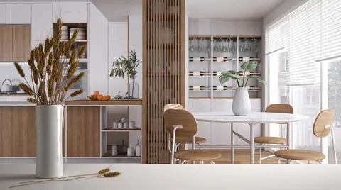 White table top or shelf with straws, dry plants, ornament, ears, sheaf, bran Illustrazione stock