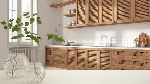 White table top or shelf with glass vase with hydroponic plant, ornament, roo Stock Illustration