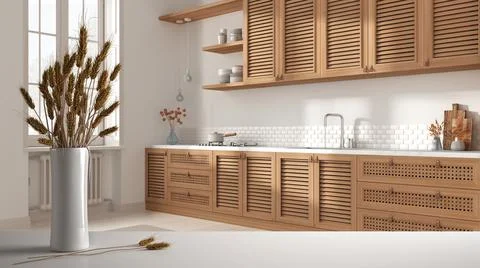 White table top or shelf with straws, dry plants, ornament, ears, sheaf, bran Stock Illustration