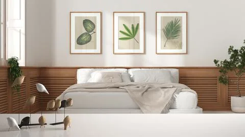 White table top or shelf with minimalistic bird ornament, birdie knick - knac Stock Illustration