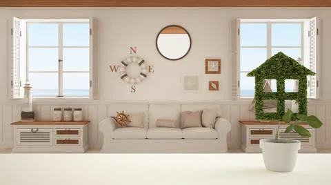 White table top or shelf with green plant in pot shaped like house, living ro Stockillustratie