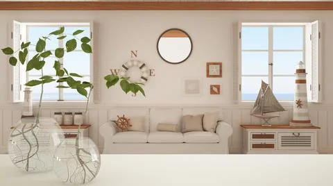 White table top or shelf with glass vase with hydroponic plant, ornament, roo Stock Illustration