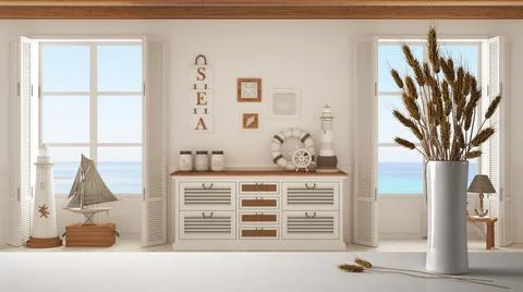 White table top or shelf with straws, dry plants, ornament, ears, sheaf, bran Stock Illustration