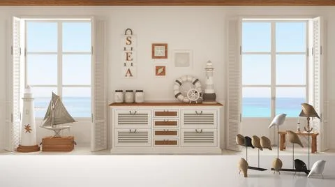 White table top or shelf with minimalistic bird ornament, birdie knick - knac Stock Illustration