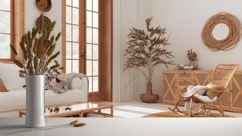 White table top or shelf with straws, dry plants, ornament, ears, sheaf, bran Stock Illustration