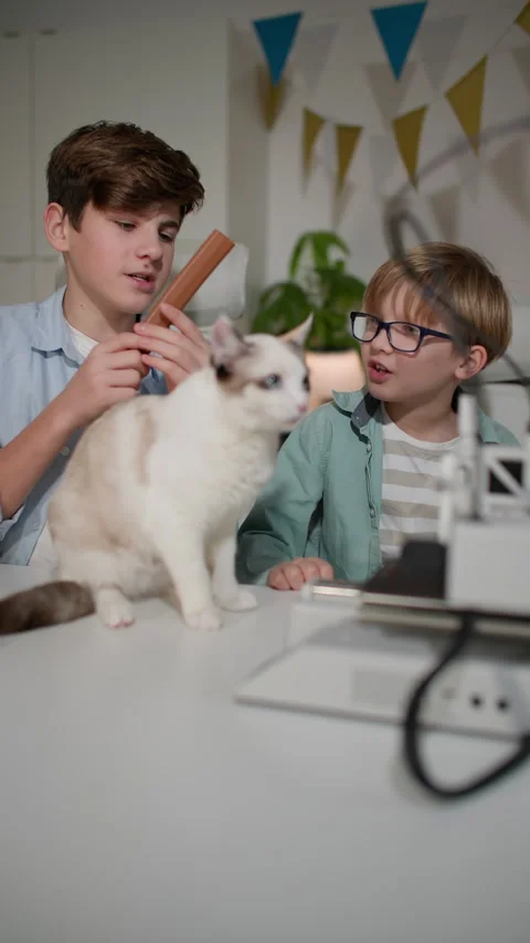 At a white table, two children and a kitten watch a 3D printer in operation Stock Footage 335389902