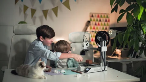 At a white table, two kids stop a 3D printer and take away the printed part Stock Footage 335375472
