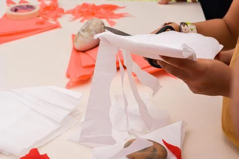 White table with various tools for child's crafts and creativity. Foto stock