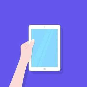 White tablet with blue screen in left hand Stock Illustration