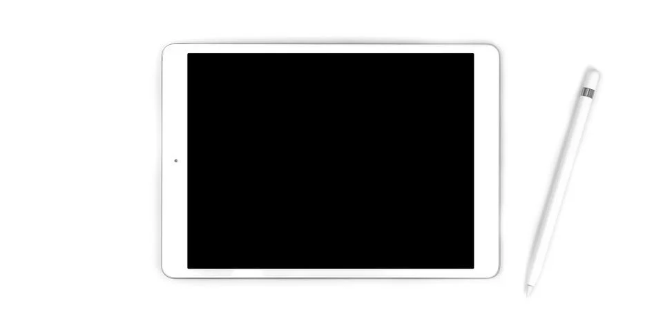 White tablet computer with blank black screen, isolated on white background w Stock Photos
