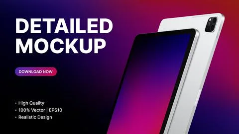White Tablet Gradient Mockup. Detailed Landing Page for Website. Device, Ui, App Stock Illustration