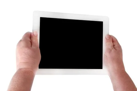 White tablet in his hands Stock Photos
