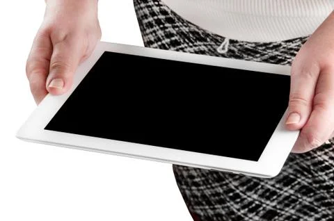 White tablet in his hands Stock Photos