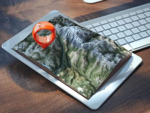 White tablet pc with landscape and geotag. 3d rendering Stock Illustration