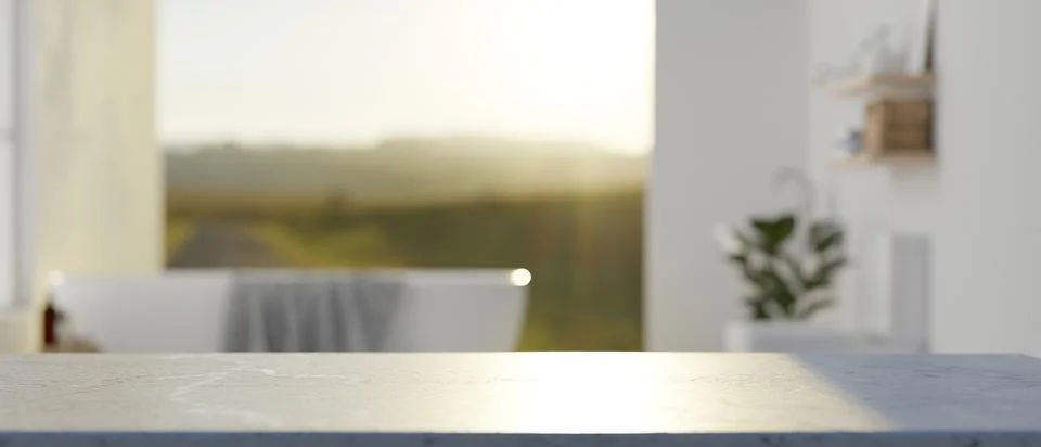 A white tabletop with empty space with a blurred background of a luxury bat.. イラスト素材